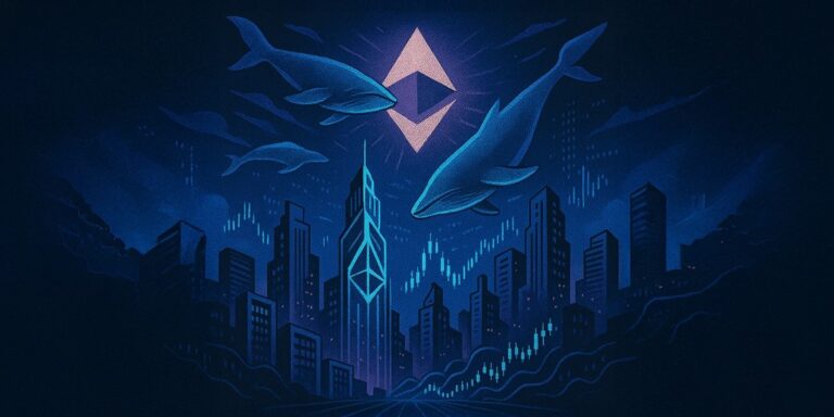 blue background with 2 big whales in the sky, with an ethereum logo in the background