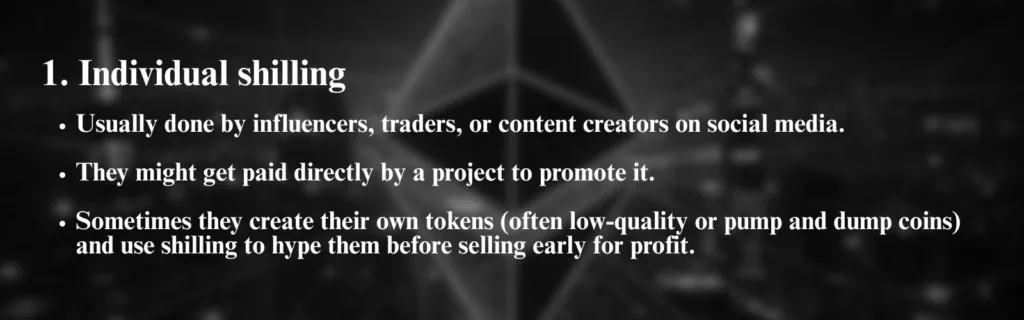 1. Individual shilling Usually done by influencers traders or content creators on social media. They might get paid directly by a project to promote it. Sometimes they create their own tokens o 1