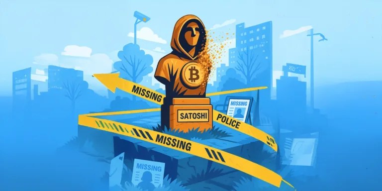 satoshi statue and stolen statue in the middle infront of a city view with yellow tape