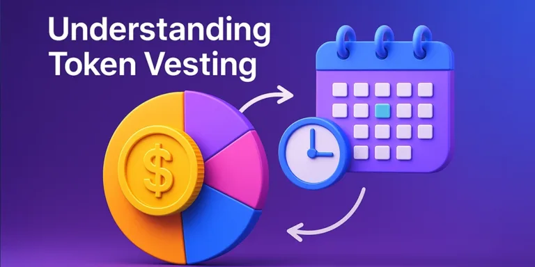 illustration of a pie chart and calendar representing Token vesting and vesting schedules.