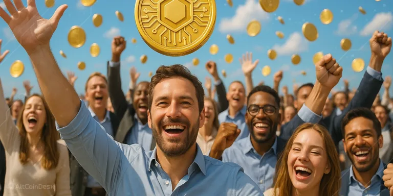 Happy crowd celebrating with gold coins, symbolizing a crypto millionaire lifestyle
