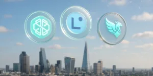Logos of trending cryptocurrencies displayed over a modern city skyline.