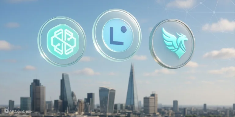 Logos of trending cryptocurrencies displayed over a modern city skyline.