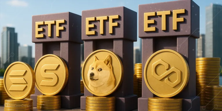 Gold coins of Solana, Dogecoin, and Polygon representing crypto ETF