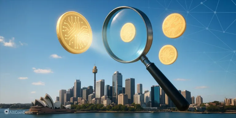 Magnifying glass over digital coins highlighting crypto rule breaches in global markets.