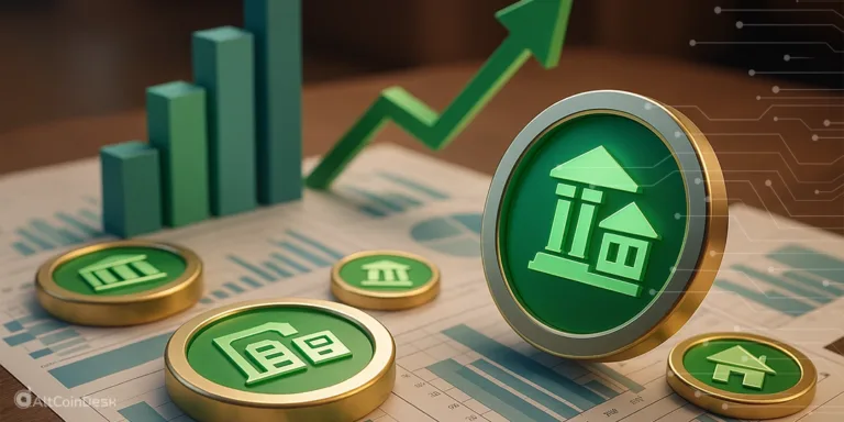 Green digital coins with building icons on financial charts, symbolizing RWA tokenization and rising market growth.