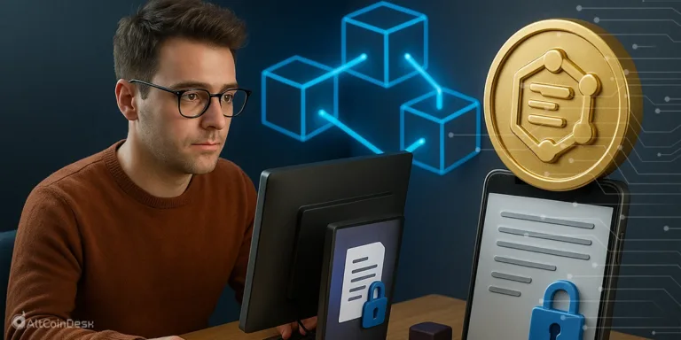 Man at computer with blockchain graphics showing what is a smart contract and how do smart contracts work.