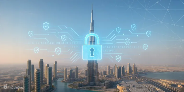 Dubai AI innovation symbolized by digital lock and smart city skyline