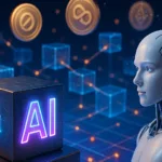 Robot with blockchain coins showcasing the future of crypto and AI integration