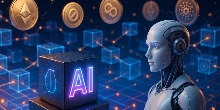 Robot with blockchain coins showcasing the future of crypto and AI integration