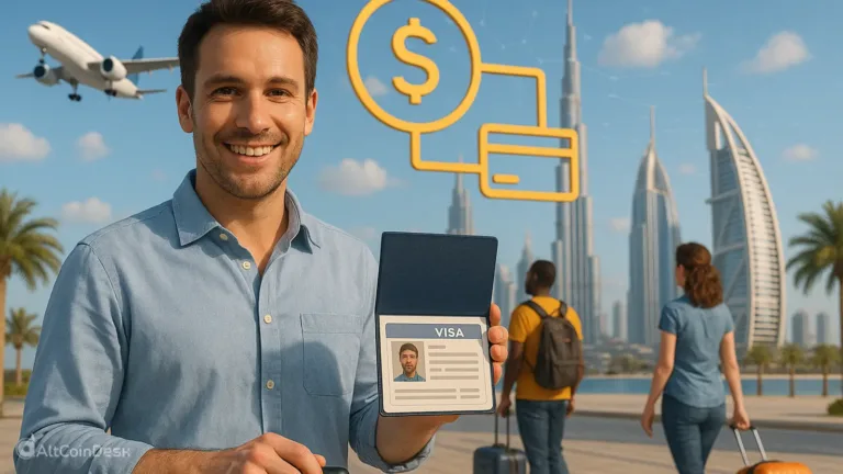 Traveler holding passport with UAE visa in front of Dubai skyline.