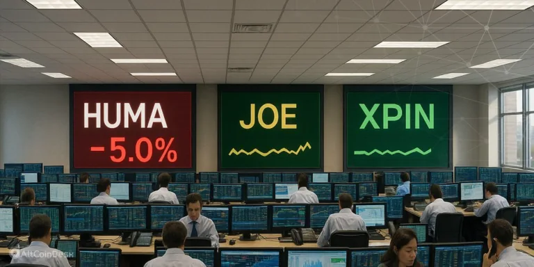 Traders monitor screens showing Huma Finance drop and XPIN gains