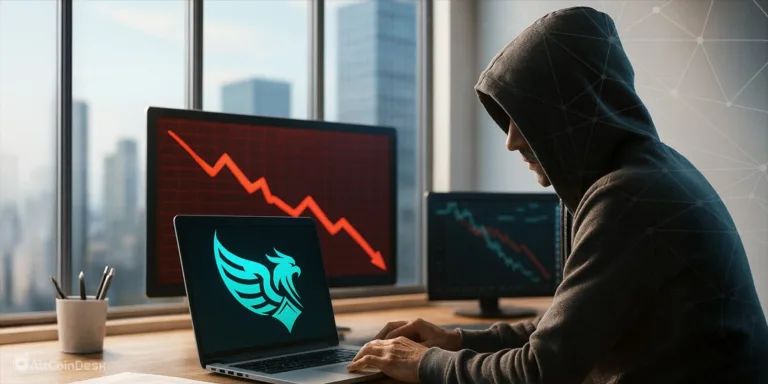 Hacker at computer with Griffin AI logo on screen amid market downturn charts