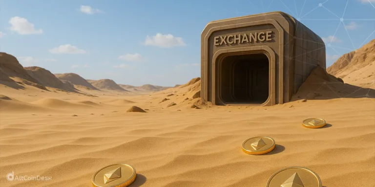Ethereum coins scattered near an empty exchange vault symbolizing Ethereum supply concerns