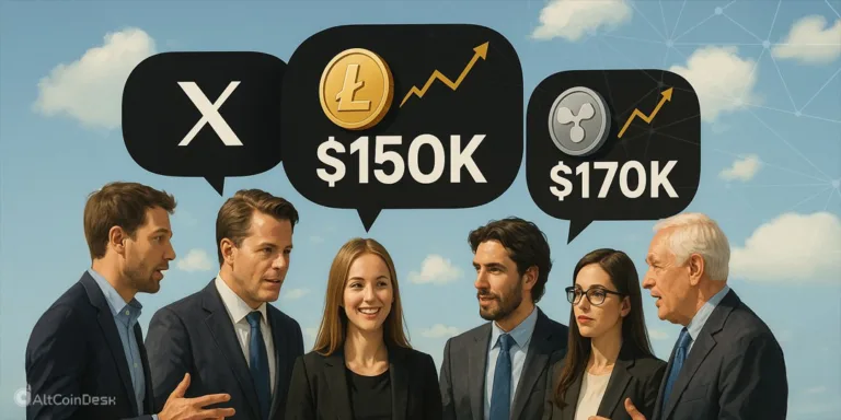 Business team discussing crypto predictions with rising coin values.