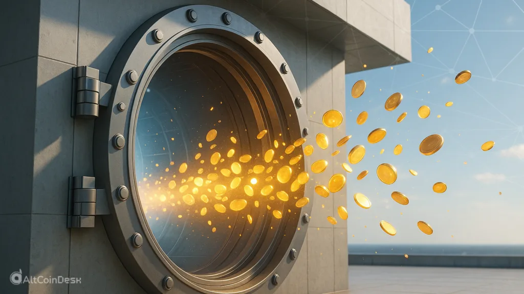 Vault bursting with golden coins, symbolizing $555 million in token unlocks