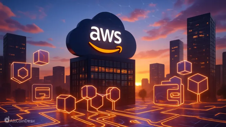 AWS cloud services building with digital network graphics and glowing data icons at sunset
