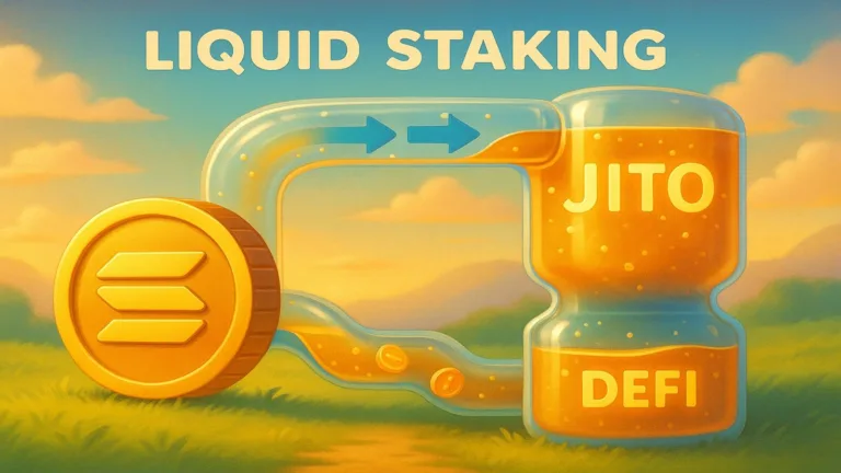 Illustration showing Solana coin flowing through a liquid staking pipe labeled Jito and DeFi, representing Andreessen Horowitz investment