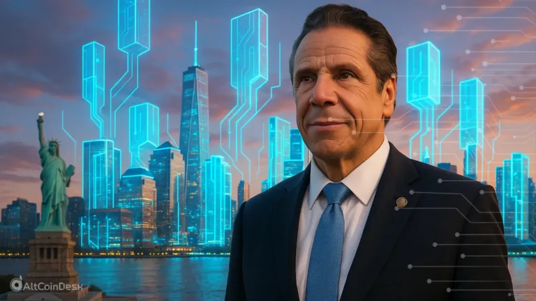 Andrew Cuomo’s crypto vision illustrated with a digital skyline of New York City and futuristic blockchain graphics behind him