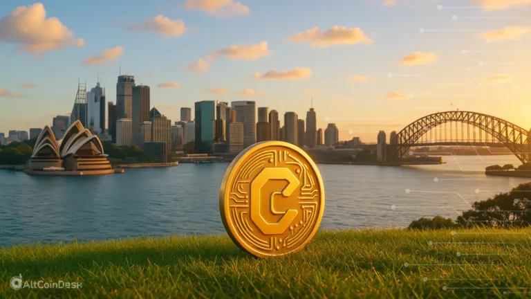 Australia’s crypto laws illustration showing a digital coin with Sydney skyline and Harbour Bridge