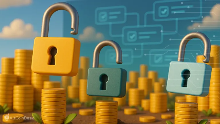 Unlocked padlocks over coin stacks symbolizing Avantis token unlock events in the crypto market