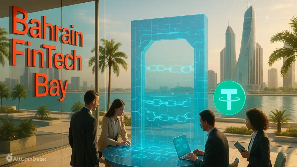 Professionals at Bahrain FinTech Bay discussing blockchain partnership with Tether
