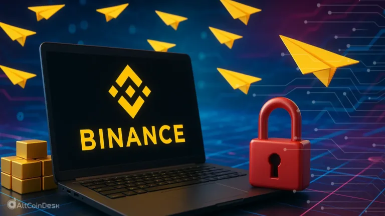 Binance Wallet security illustration with laptop, lock, and digital paper planes