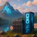 A scenic view of British Columbia’s mountains and forests with digital crypto mining servers by a lake, symbolizing the province’s crypto mining ban
