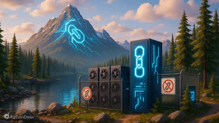 A scenic view of British Columbia’s mountains and forests with digital crypto mining servers by a lake, symbolizing the province’s crypto mining ban