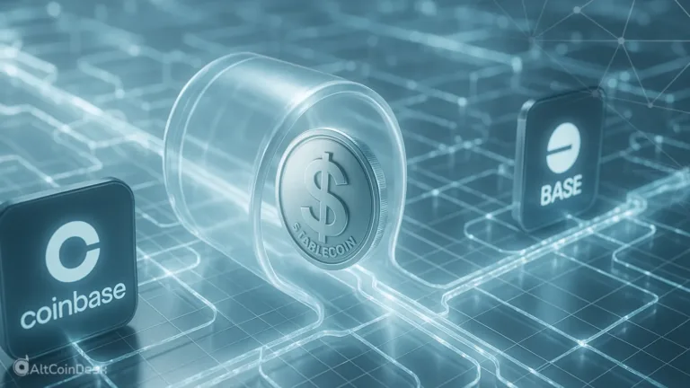 Digital concept of private stablecoin transactions between Coinbase and Base