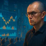 A man analyzing AI trading charts on a futuristic screen showing market trends and data visualizations