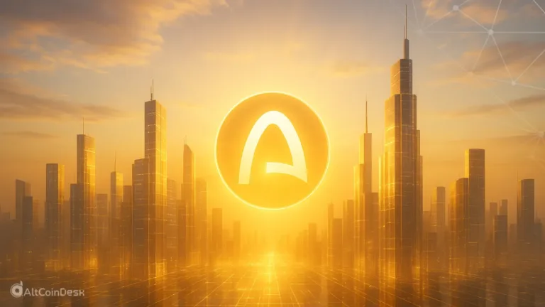Golden city skyline glowing with the Arc blockchain testnet logo at sunrise