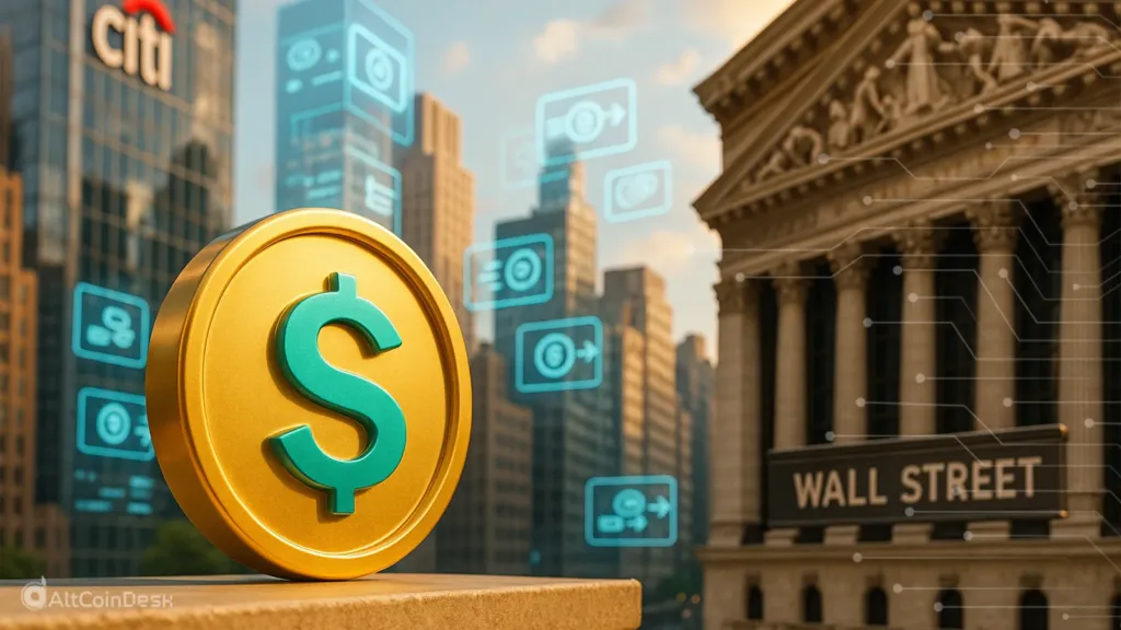 Citi and Wall Street with a digital coin, symbolizing investment in stablecoin firm BVNK