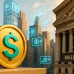 Citi and Wall Street with a digital coin, symbolizing investment in stablecoin firm BVNK