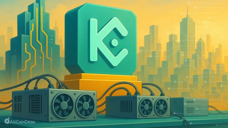 KuCoin mining pool setup with mining rigs and digital city backdrop