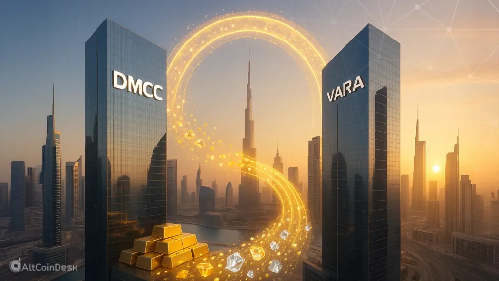 DMCC and VARA towers in Dubai linked by a glowing golden infinity loop with gold bars and diamonds