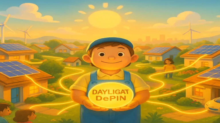 Daylight DePIN illustration showing a smiling person holding a glowing orb, with solar-powered homes connected by bright energy lines