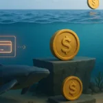 Illustration of a whale swimming underwater with dollar coins, symbolizing the crypto ocean hierarchy and investor levels explained through crypto terms.