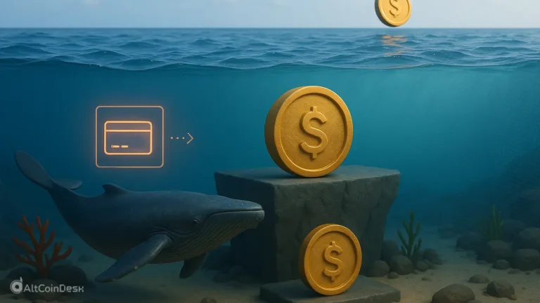 Illustration of a whale swimming underwater with dollar coins, symbolizing the crypto ocean hierarchy and investor levels explained through crypto terms.