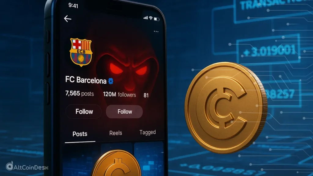 FC Barcelona's Instagram hack with crypto coin and hacker image