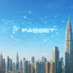 Fasset logo over a city skyline with digital network lines