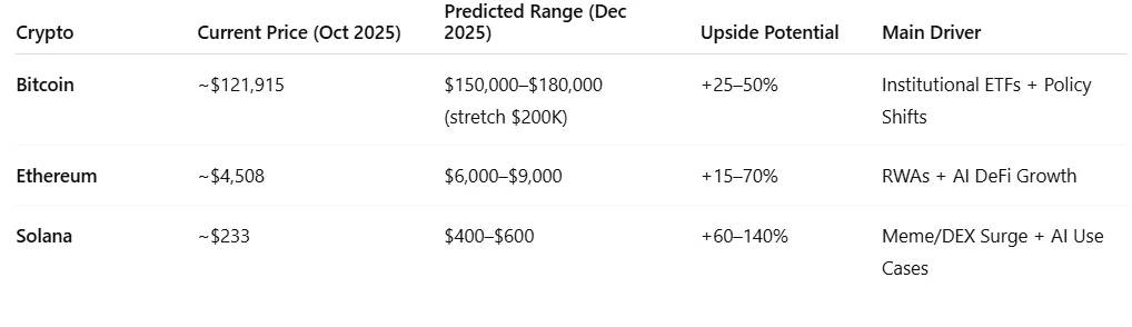 Grok AI prediction: The top 3 cryptos to watch before 2025 ends 2 GROK AI PREDICTION TABLE