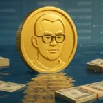 Golden coin with CZ face and cash stacks, symbolizing a CZ memecoin post