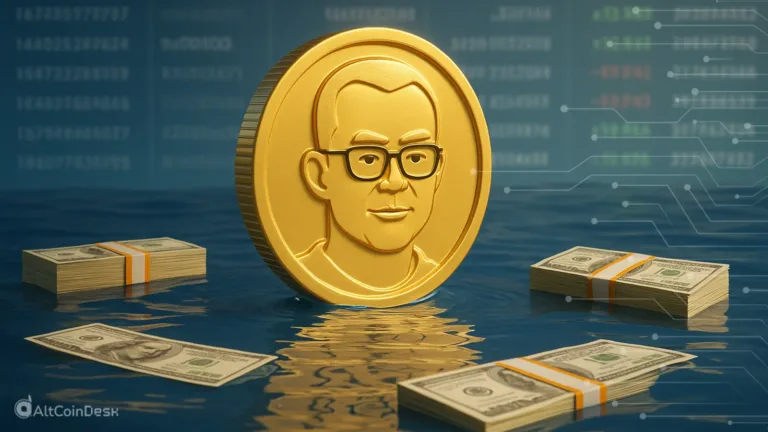 Golden coin with CZ face and cash stacks, symbolizing a CZ memecoin post