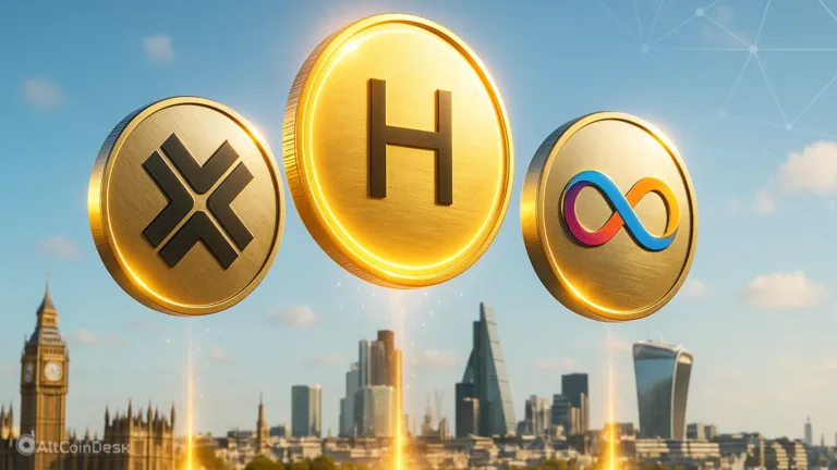 Hedera (HBAR), Axelar (AXL), and Internet Computer (ICP) crypto coins rising over London skyline