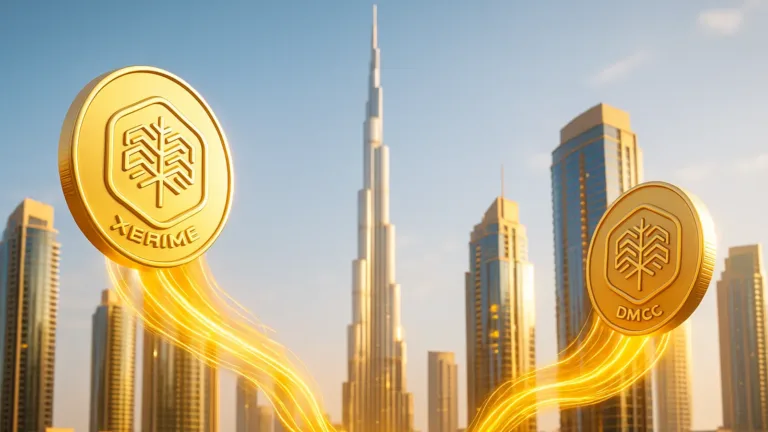 Dubai real estate crypto illustration showing Xerime and DMCC coins over city skyline