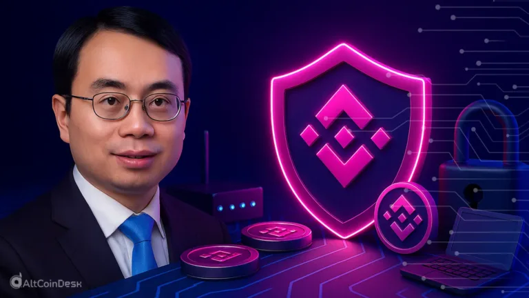 Portrait of Binance Security Chief with digital security icons, Binance logo, and cybersecurity elements in the background