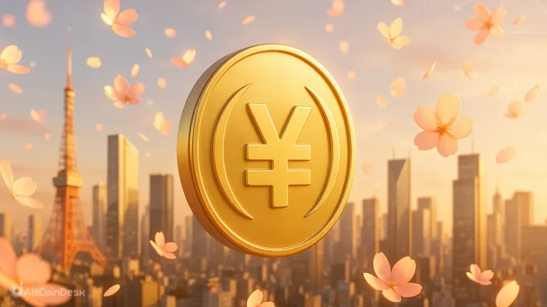 Golden yen pegged stablecoin with Tokyo skyline and cherry blossoms.