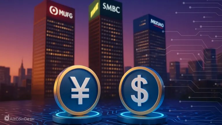 Japan's top banks MUFG, SMBC, and Mizuho with yen and dollar stablecoin symbols in front of their buildings at sunset