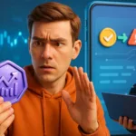 A man looks worried at a suspicious crypto token as a hacker lurks behind with a laptop, illustrating crypto scams of 2025 and digital fraud risks.